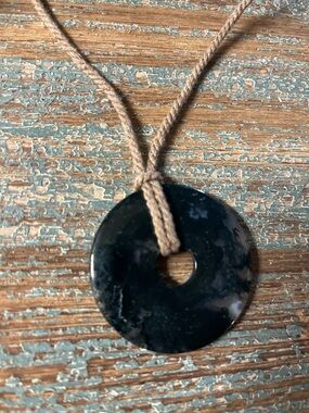 Round Donut black Laboradite Pendant on rope cord hook closure